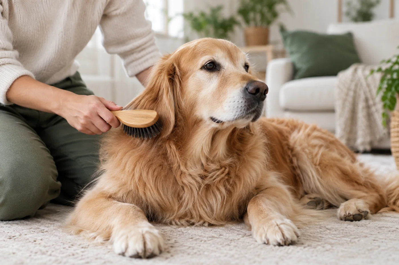 A calm dog enjoying a gentle grooming routine